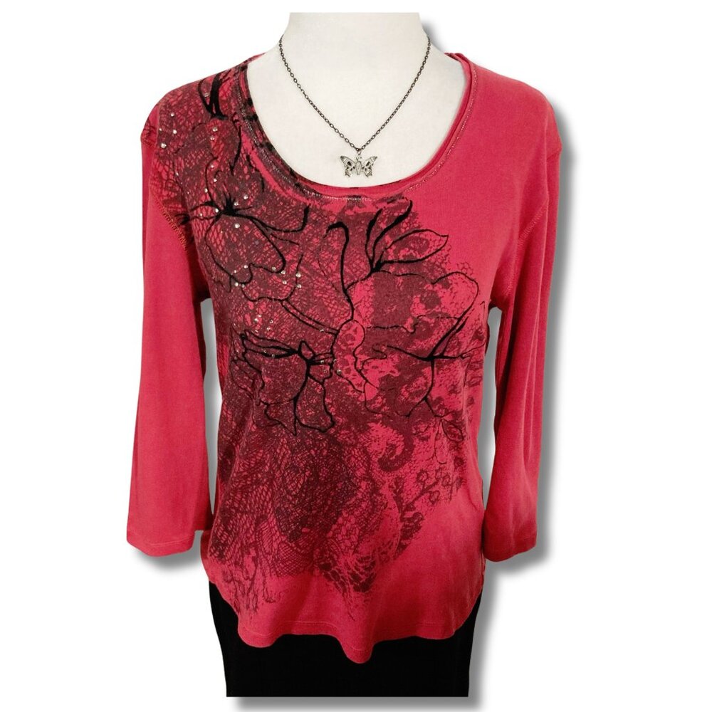 OLSEN Dusty red black flocked and embellished floral print top ~ SMALL MEDIUM